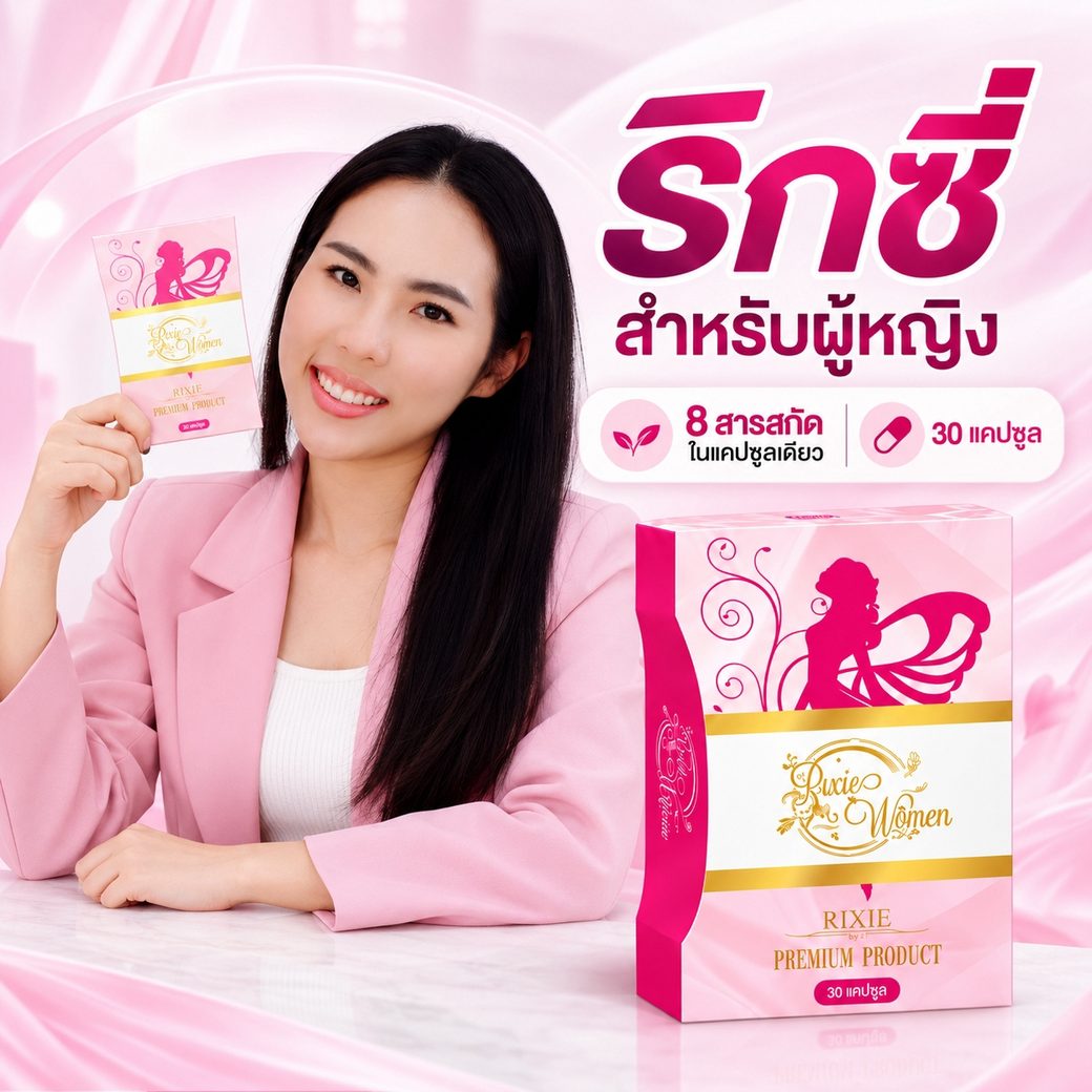 คุณหมวย ผู้ดูแลแบรนด์ริกซี่ ถือกล่องริกซี่ Rixie อาหารเสริมสำหรับผู้หญิง ดูแลภายในจากข้างใน